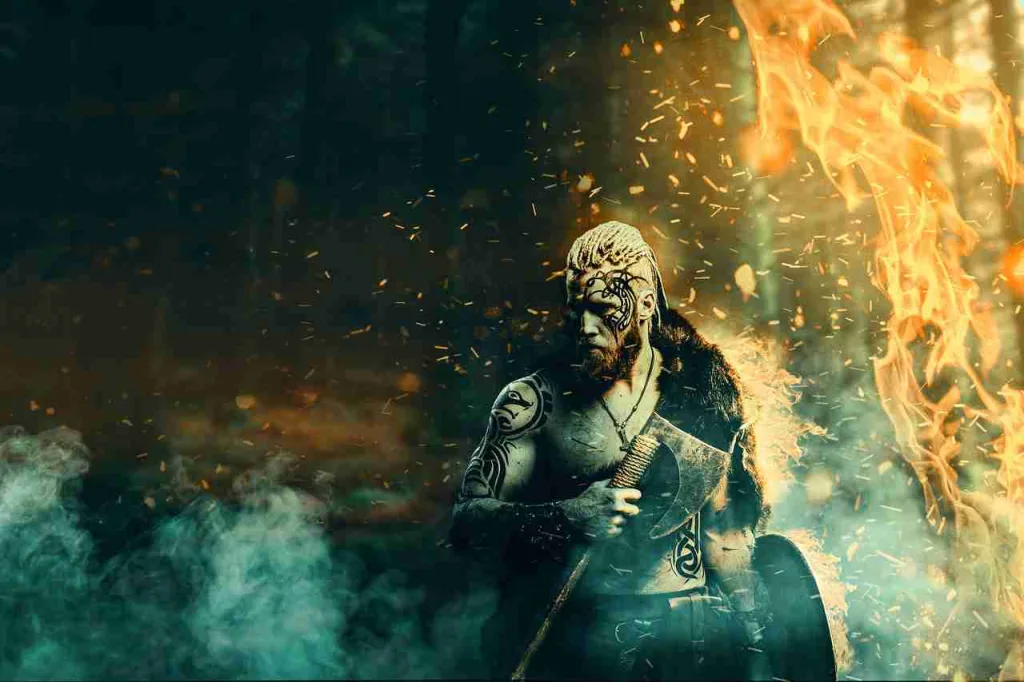 30 Fun Facts About Saturday That You Should Know 5 A Viking holding a cleaver in his hand in a dark fire background, showcasing fun facts about Saturday.